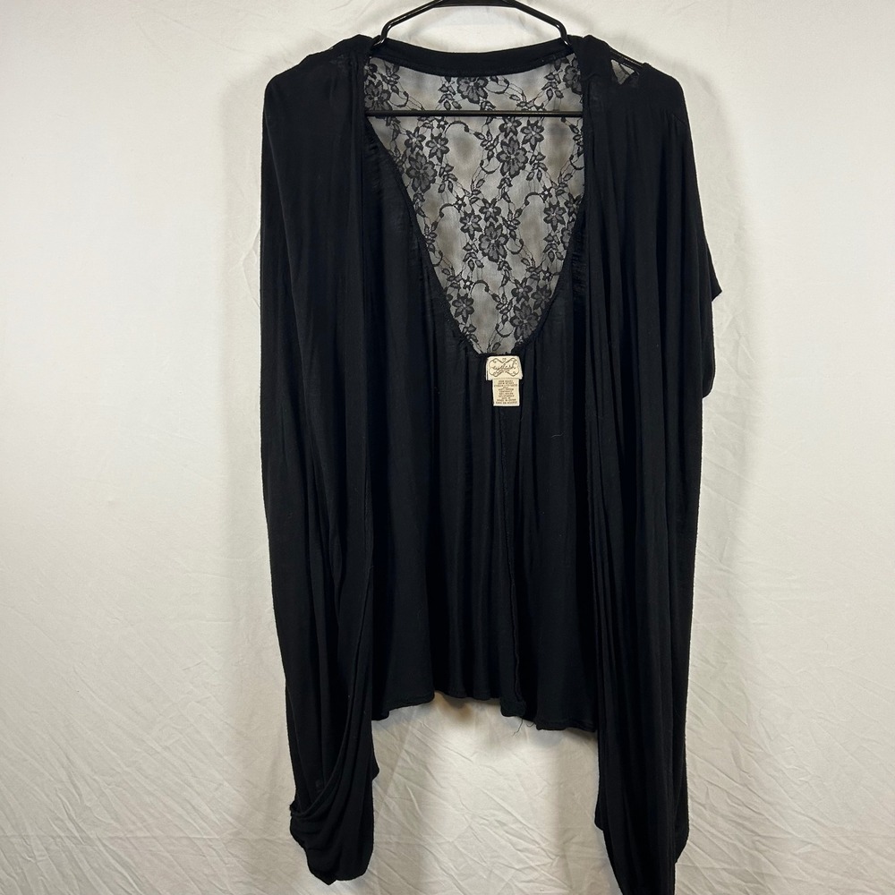 Eyelash Couture Womens XL Black Lace Back Open Front Cardigan Short Sleeve Rayon